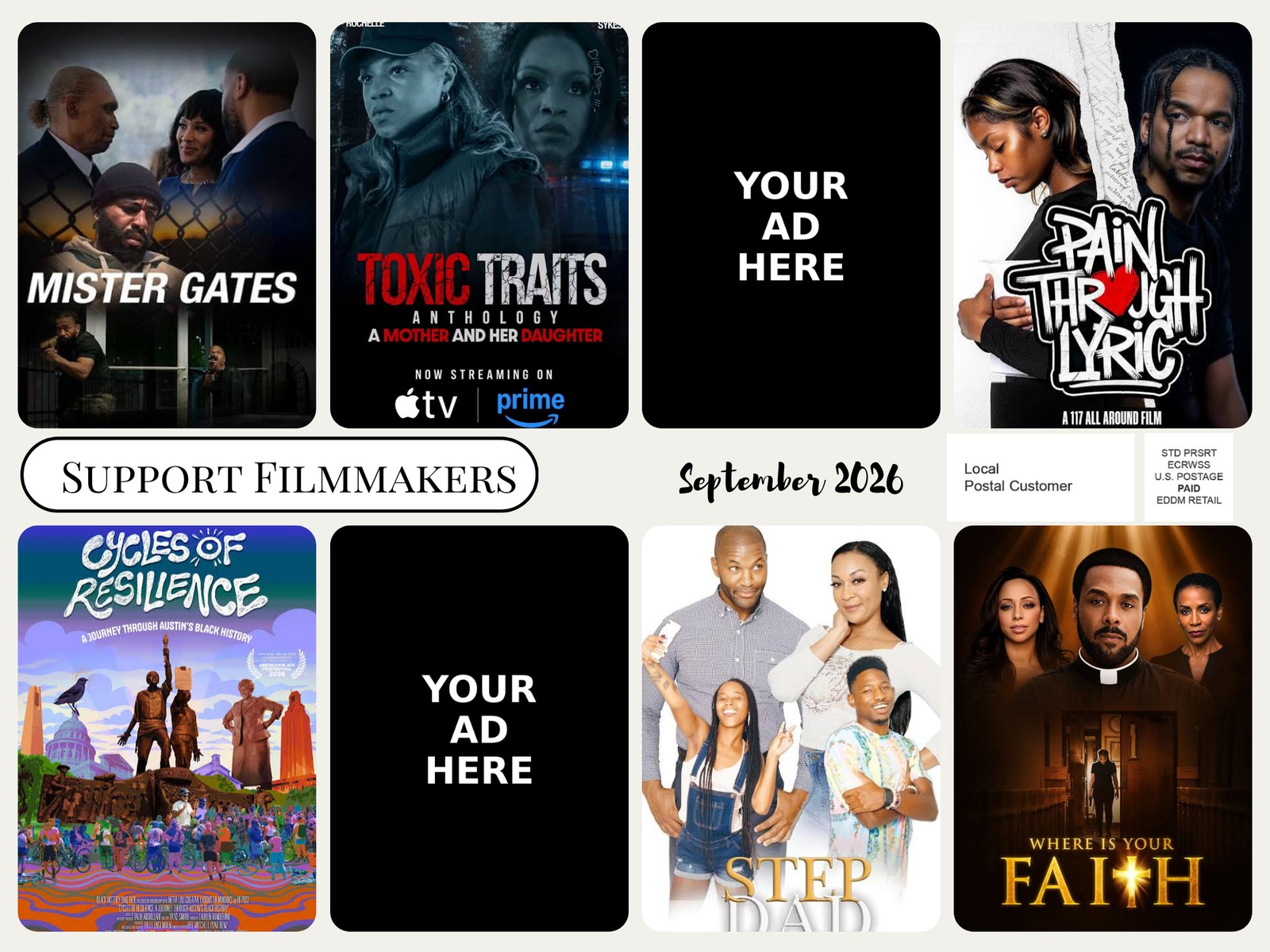 Support Filmmakers postcard back with more film key art and postal indicia