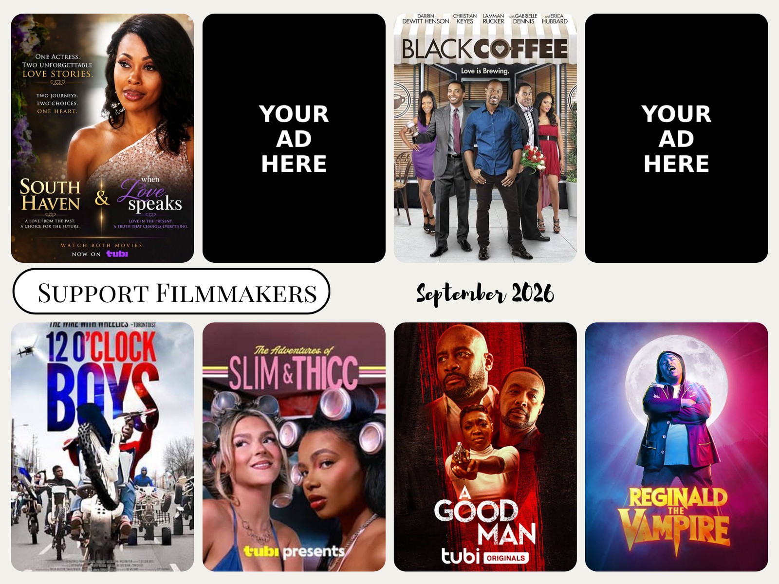 Support Filmmakers postcard featuring independent film key art with Your Ad Here spots open
