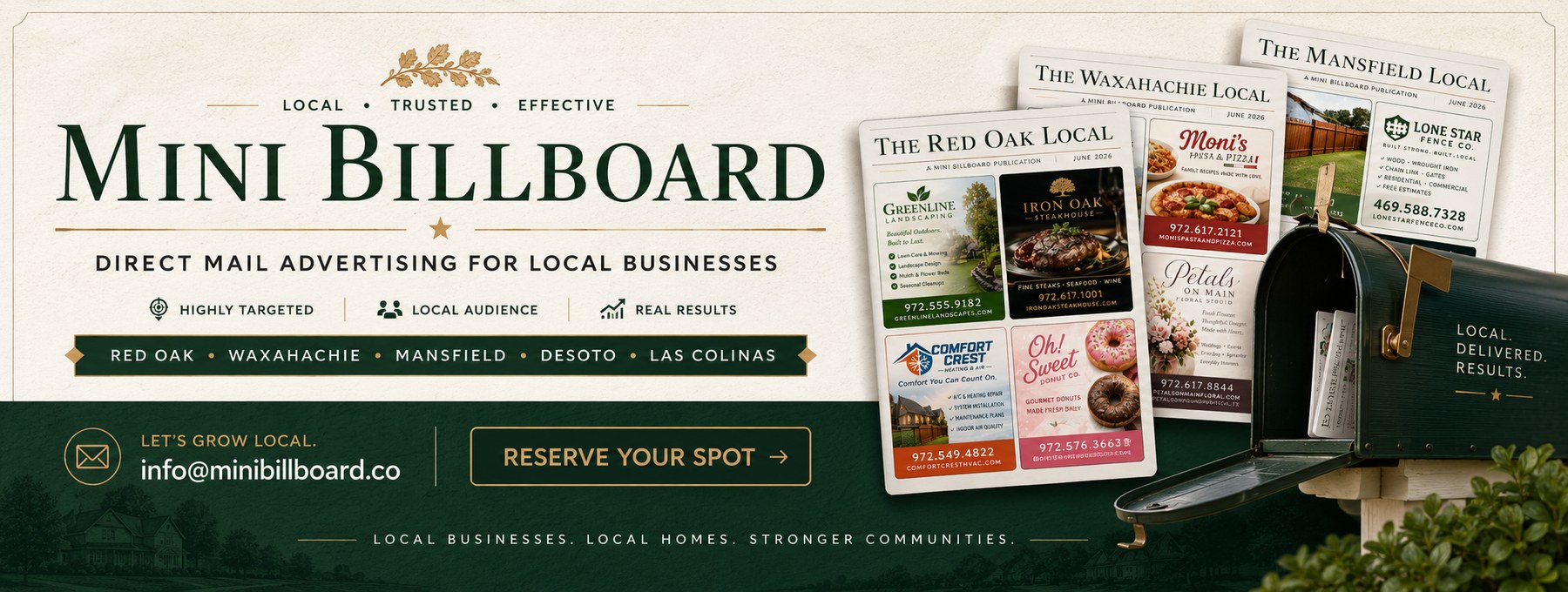 Mini Billboard — direct mail advertising for local businesses across Red Oak, Waxahachie, Mansfield, DeSoto and Las Colinas